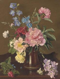 Albert Williams - Roses and other summer flowers in a vase on a sideboard