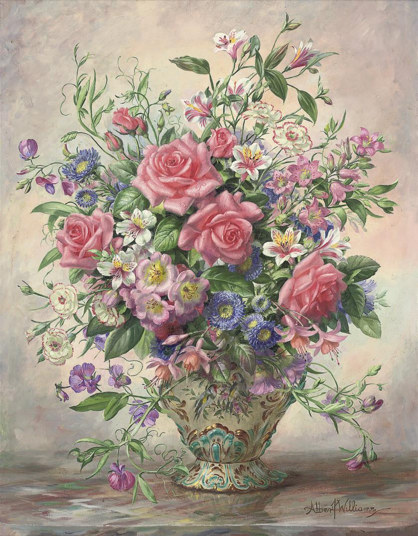 Albert Williams - Roses, Oriental lilies, carnations, fuschias and daisies in an ornate vase
