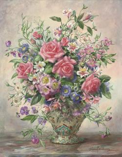 Albert Williams - Roses, Oriental lilies, carnations, fuschias and daisies in an ornate vase