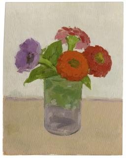 Albert York - A Purple Anemone With Zinnias In A Glass Jar