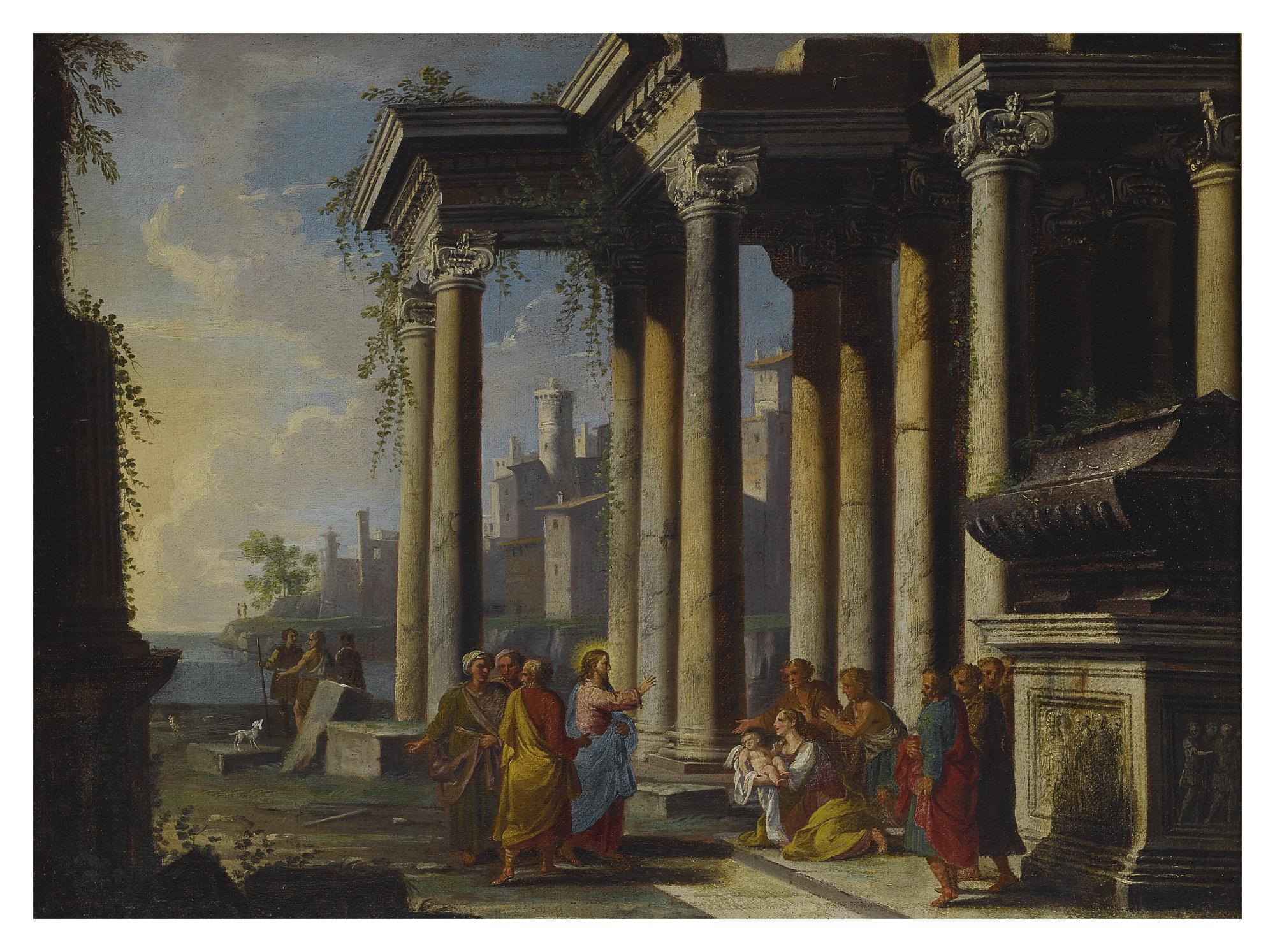 Alberto Carlieri - A Capriccio View With Classical Ruins And Christ Blessing A Mother And Child
