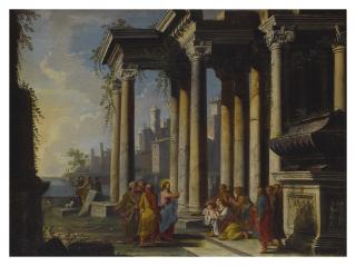 Alberto Carlieri - A Capriccio View With Classical Ruins And Christ Blessing A Mother And Child