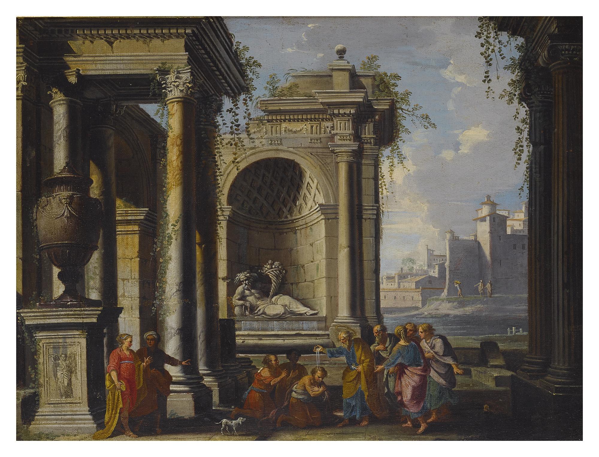 Alberto Carlieri - A Capriccio View With Classical Ruins And Saint Peter Possibly Baptizing The Centurion, Cornelius