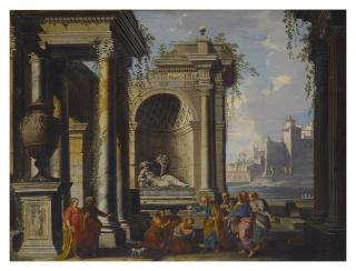 Alberto Carlieri - A Capriccio View With Classical Ruins And Saint Peter Possibly Baptizing The Centurion, Cornelius