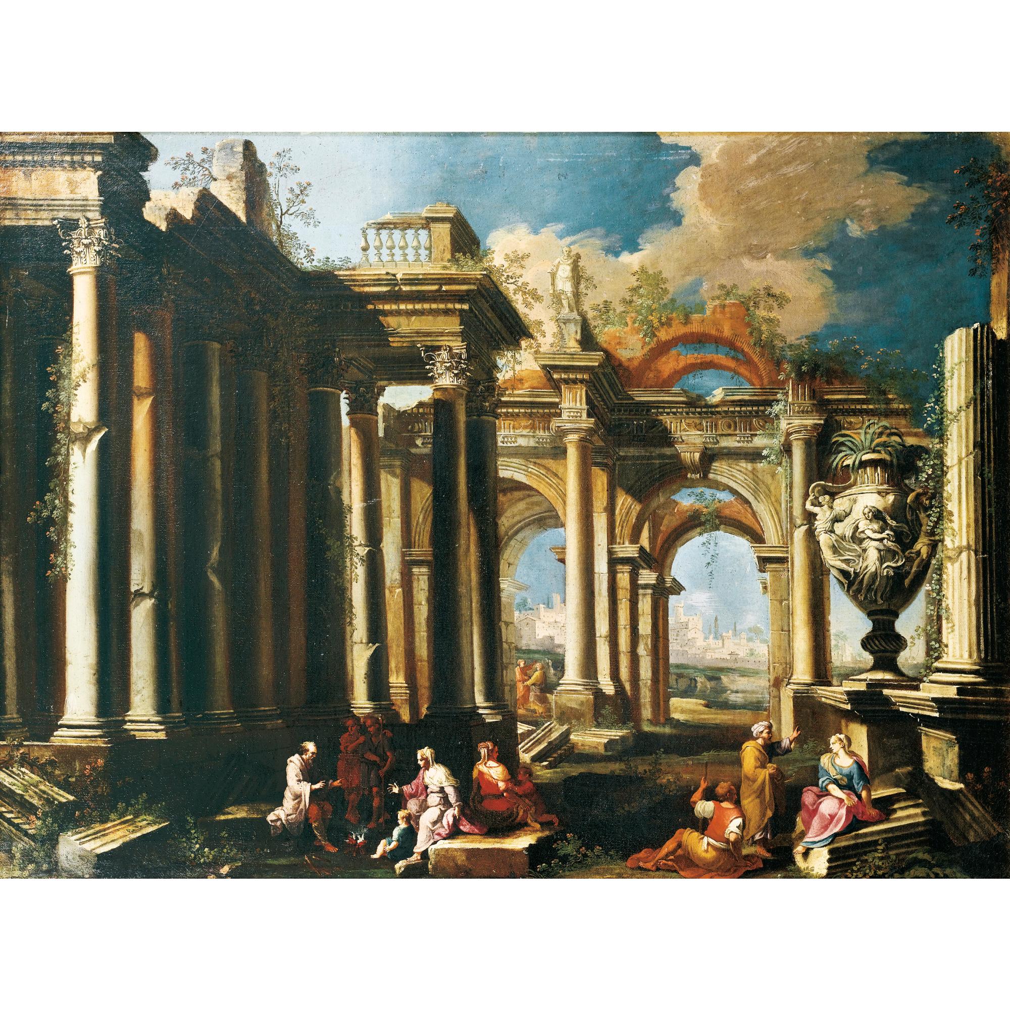 Alberto Carlieri - Caprices Architecturaux: Apôtres Prêchant Dans Des Ruines Romaines Au Pied D\'Un Grand Vase Aux Trois Grâces ; Un Groupe De Bergers Se Réunissant Autour De La Statue De \'Silène Portant Dionysos Enfant\'