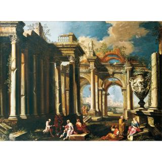 Alberto Carlieri - Caprices Architecturaux: Apôtres Prêchant Dans Des Ruines Romaines Au Pied D\'Un Grand Vase Aux Trois Grâces ; Un Groupe De Bergers Se Réunissant Autour De La Statue De \'Silène Portant Dionysos Enfant\'