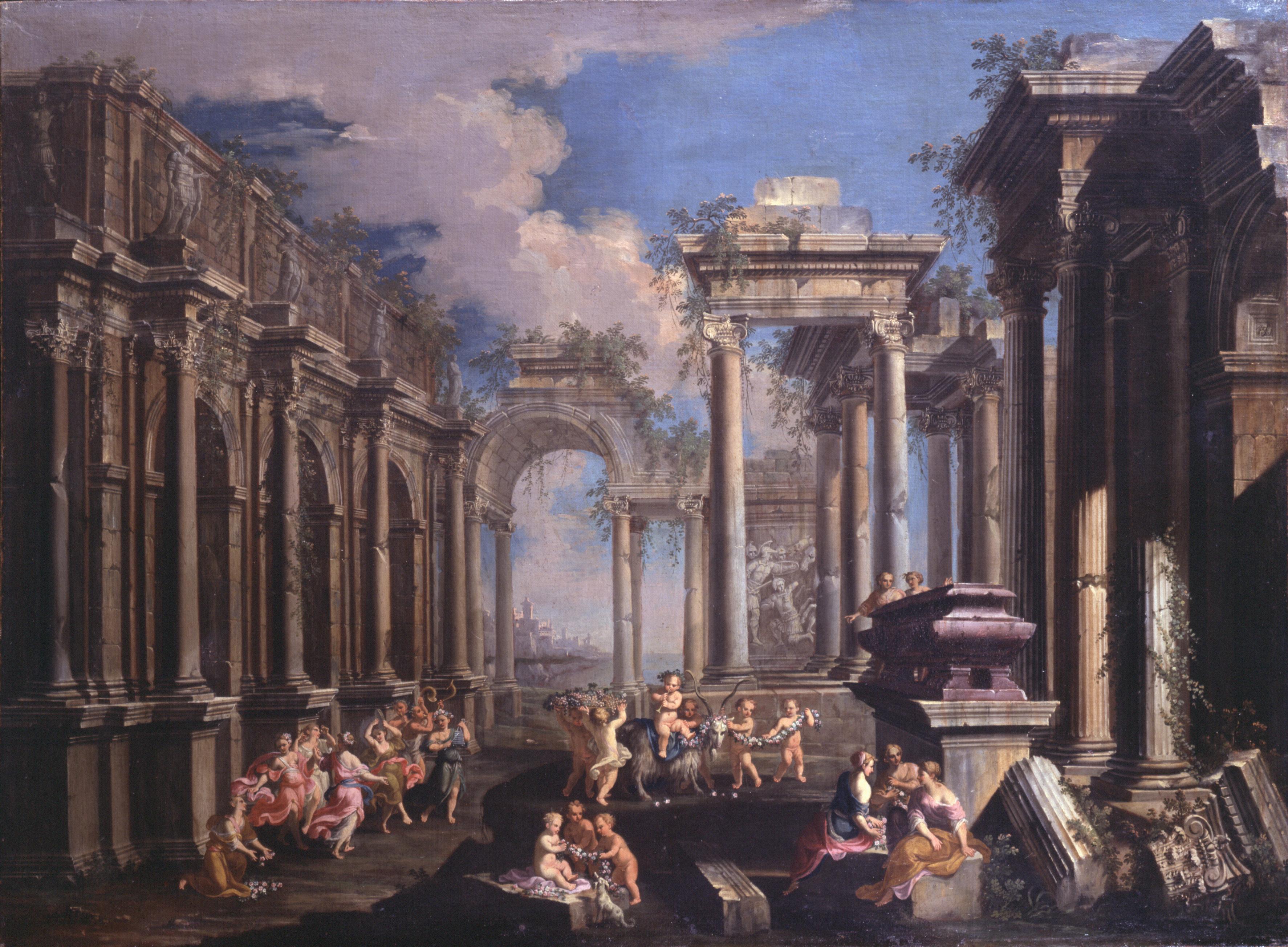 Alberto Carlieri - Scenario architettonico con scena di baccanale