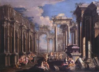 Alberto Carlieri - Scenario architettonico con scena di baccanale