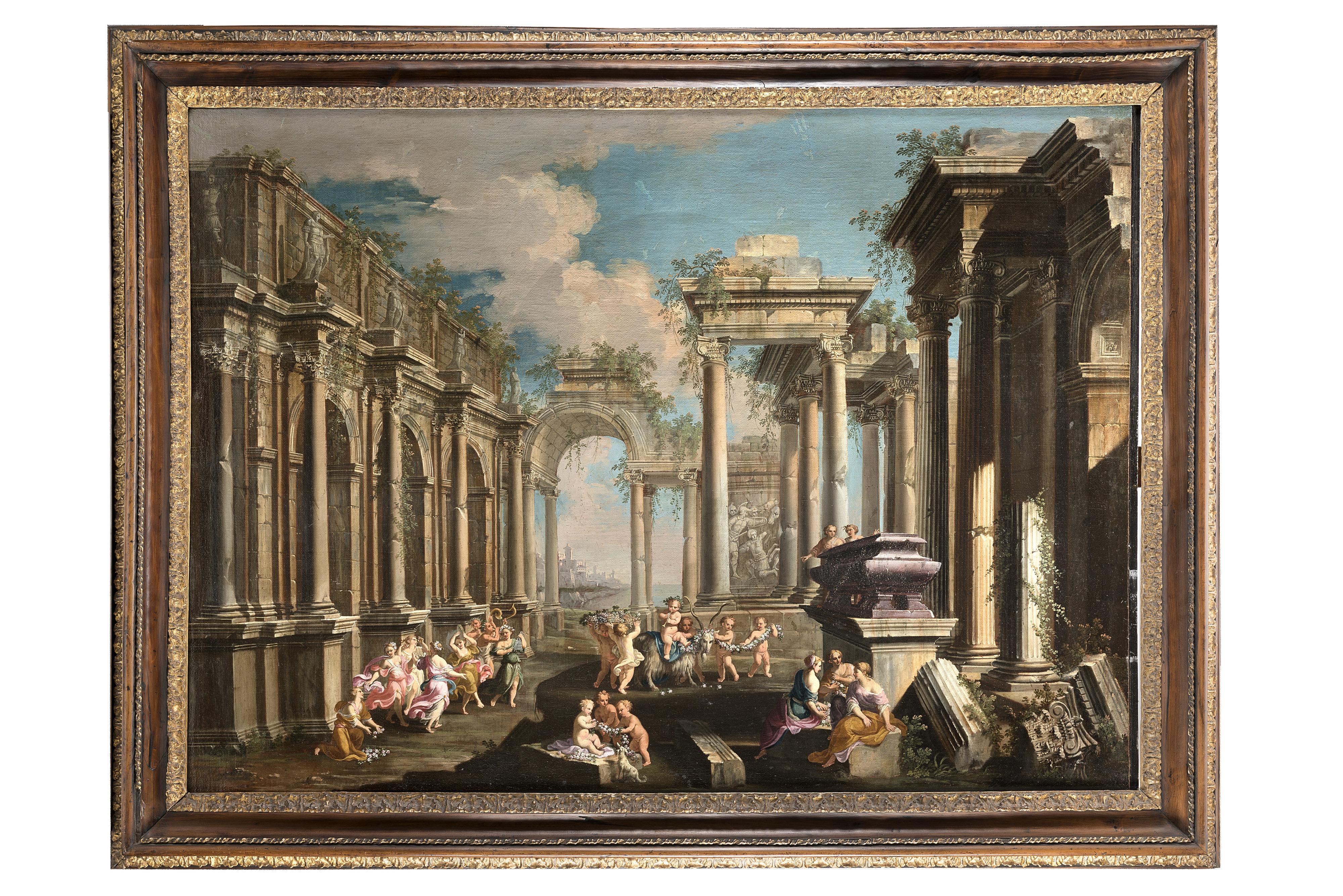 Alberto Carlieri - Veduta architettonica con scena di baccanale