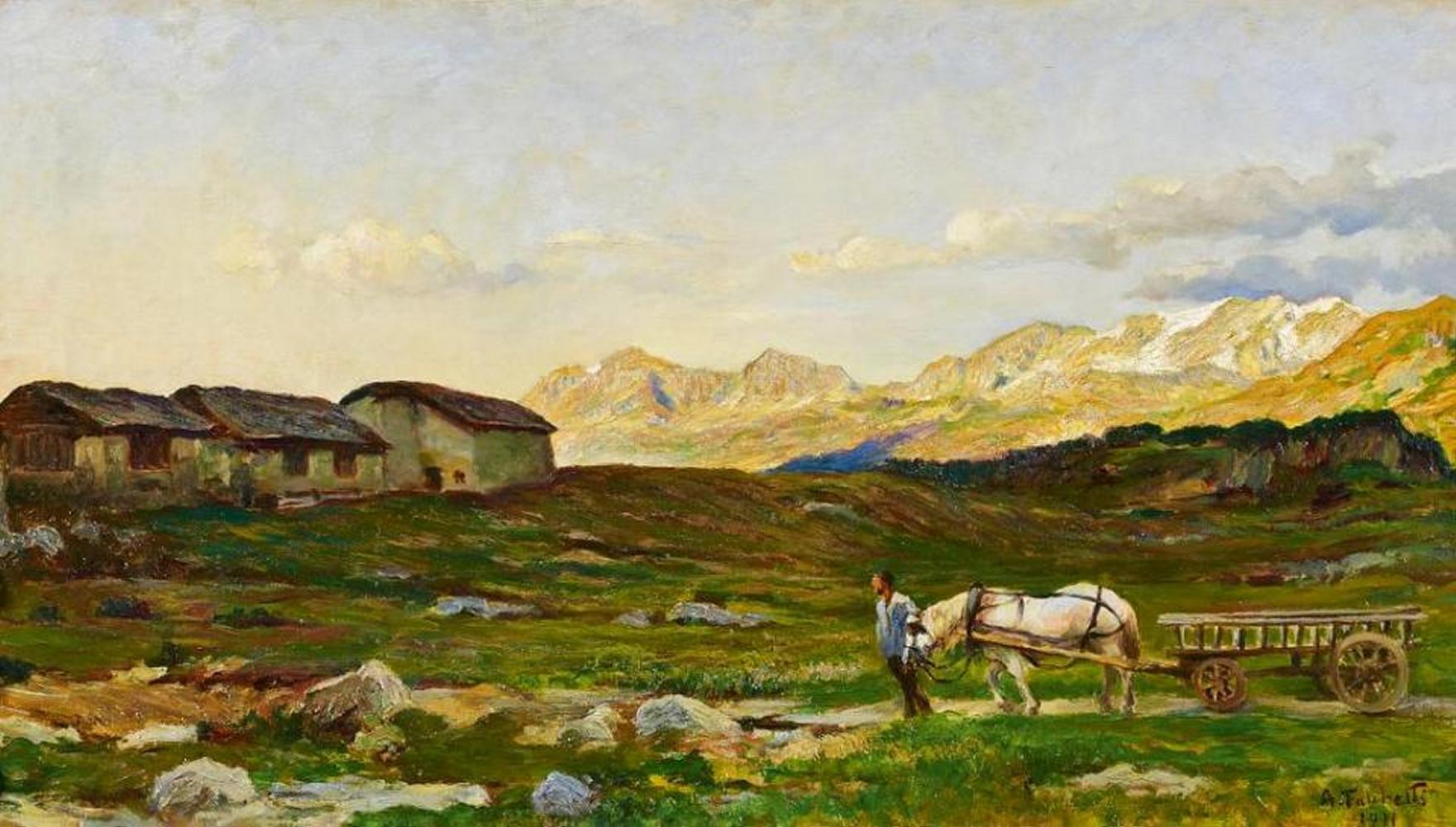 Alberto Falchetti - Bauer mit Fuhrwerk in der weiten Ebene von Malovija