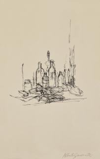 Alberto Giacometti - Sculptures et bouteilles sur la table de l\'atelier