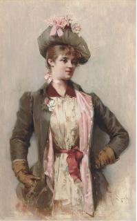 Alberto Lynch - A Young Lady In A Coat And Hat With A Pink Bow