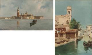Alberto Prosdocimi - A gondola on the Venetian lagoon, San Giorgio Maggiore beyond; and Squero di San Trovaso, Dorsoduro, Venice