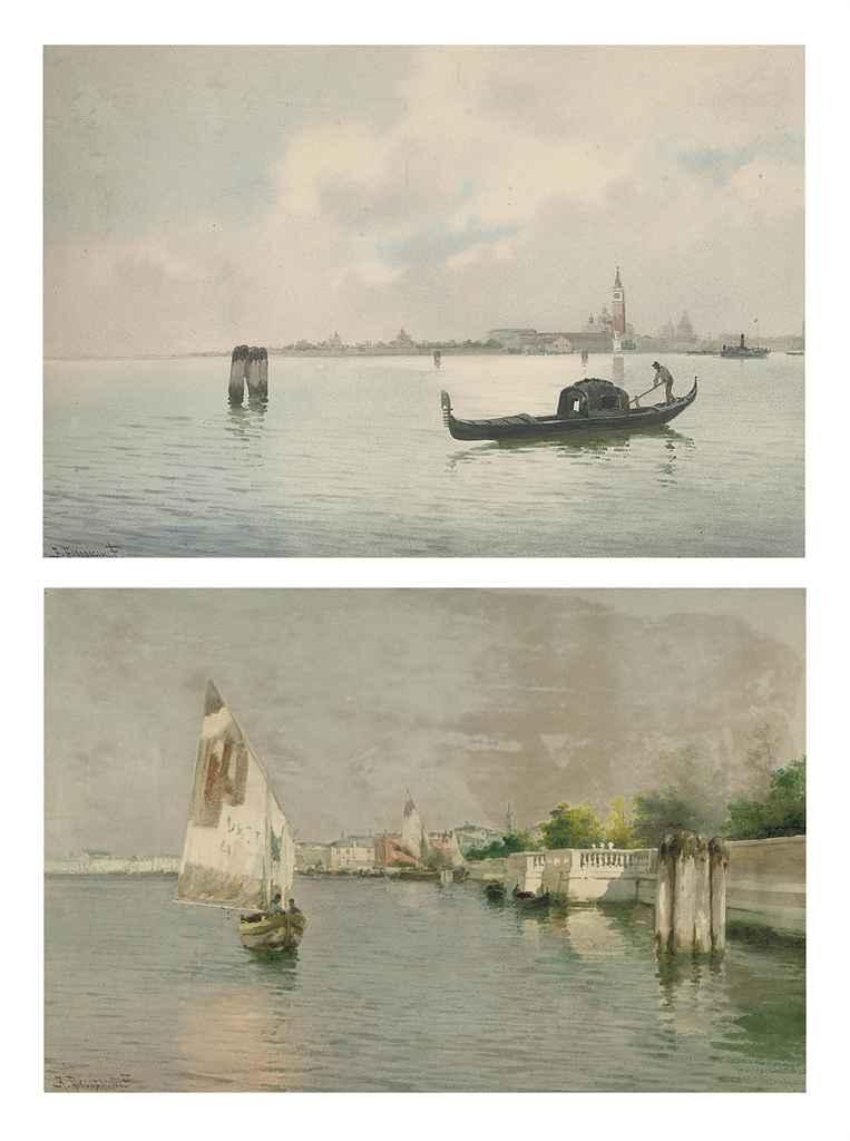 Alberto Prosdocimi - A Gondolier on the Venetian lagoon; and Fishing boats before Venice