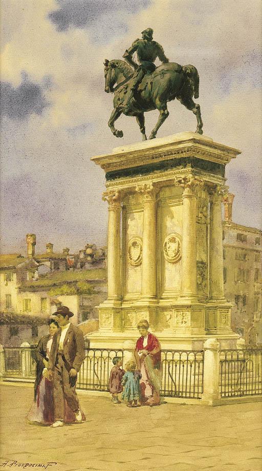 Alberto Prosdocini - a)  Venezia, passeggio al Colleoni     firmato A.Prosdocimi.F     acquarello su cartoncino     mm 297x165  b)  Cortile a Venezia     firmato A.Prosdocimi.F.     acquarello su cartoncino     mm 400x260  c)  Venezia, barche in laguna     firmato A.Pros