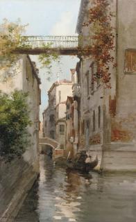 Alberto Prosdocini - On the lagoon in Venice; A Venetian backwater; A gondola along a Venetian canal; and a sailing vessel in the Venetian lagoon at dusk