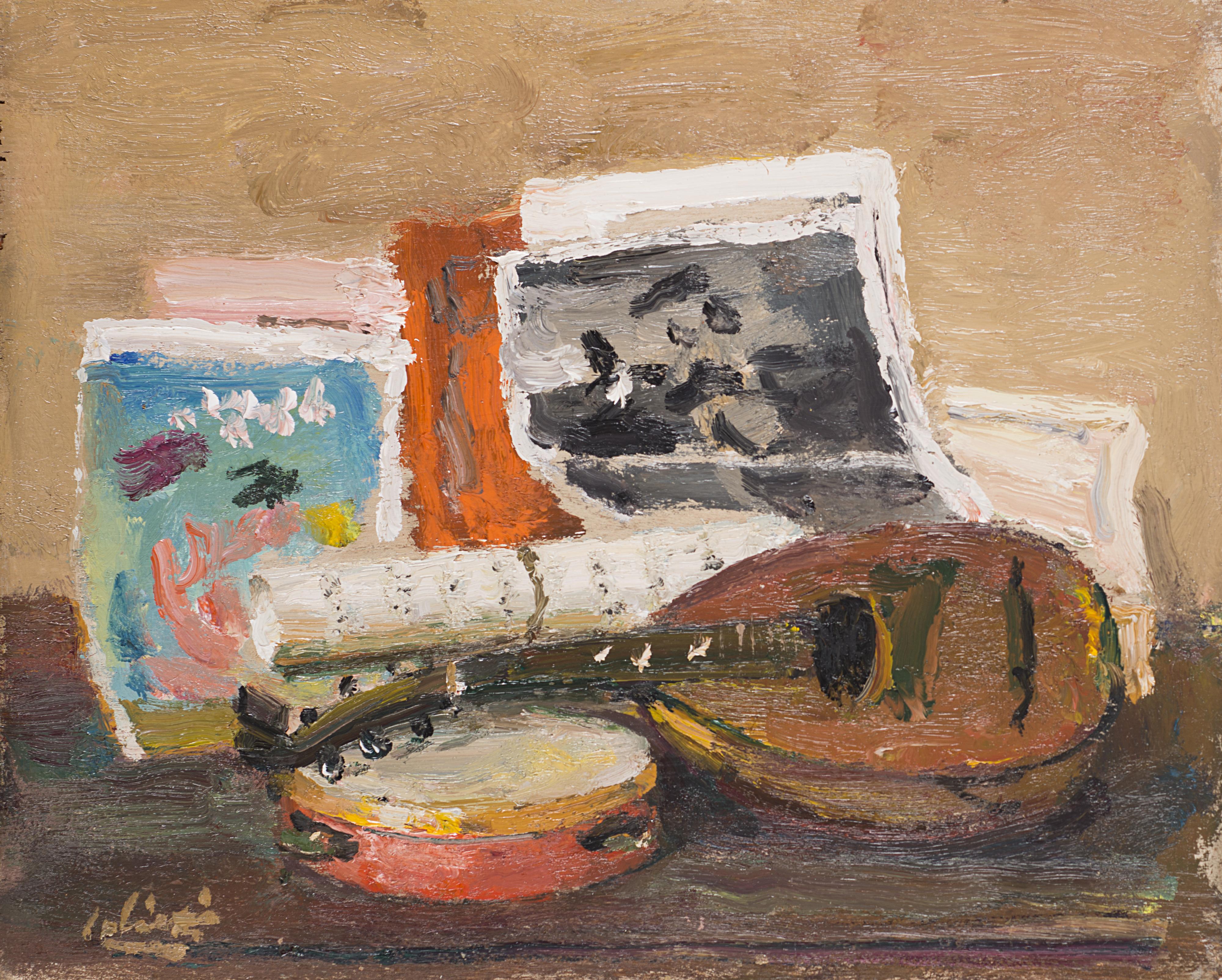 Alberto Salietti - Composizione con mandolino, tamburello e riviste