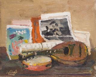 Alberto Salietti - Composizione con mandolino, tamburello e riviste