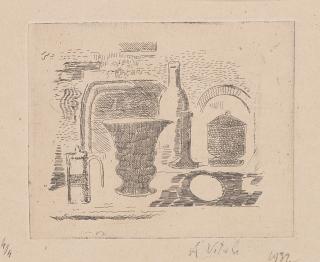 Alberto Vitali - Composizione con bottiglia, vaso e contenitori
