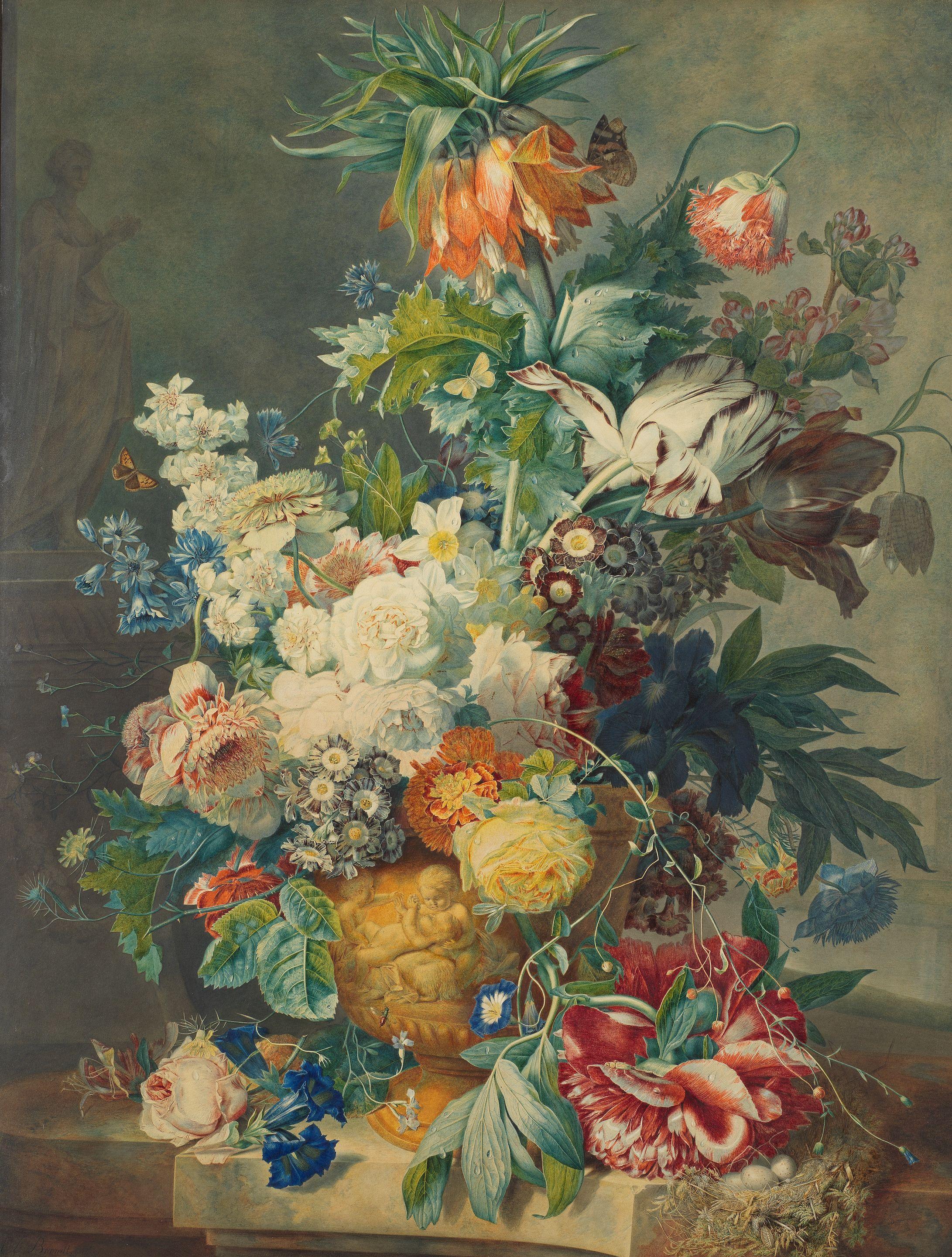 Albertus Jonas Brandt - Still life with a Crown Imperial, tulips, roses and other flowers in a vase on a stone ledge with a bird nest