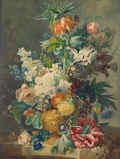 Albertus Jonas Brandt - Still life with a Crown Imperial, tulips, roses and other flowers in a vase on a stone ledge with a bird nest