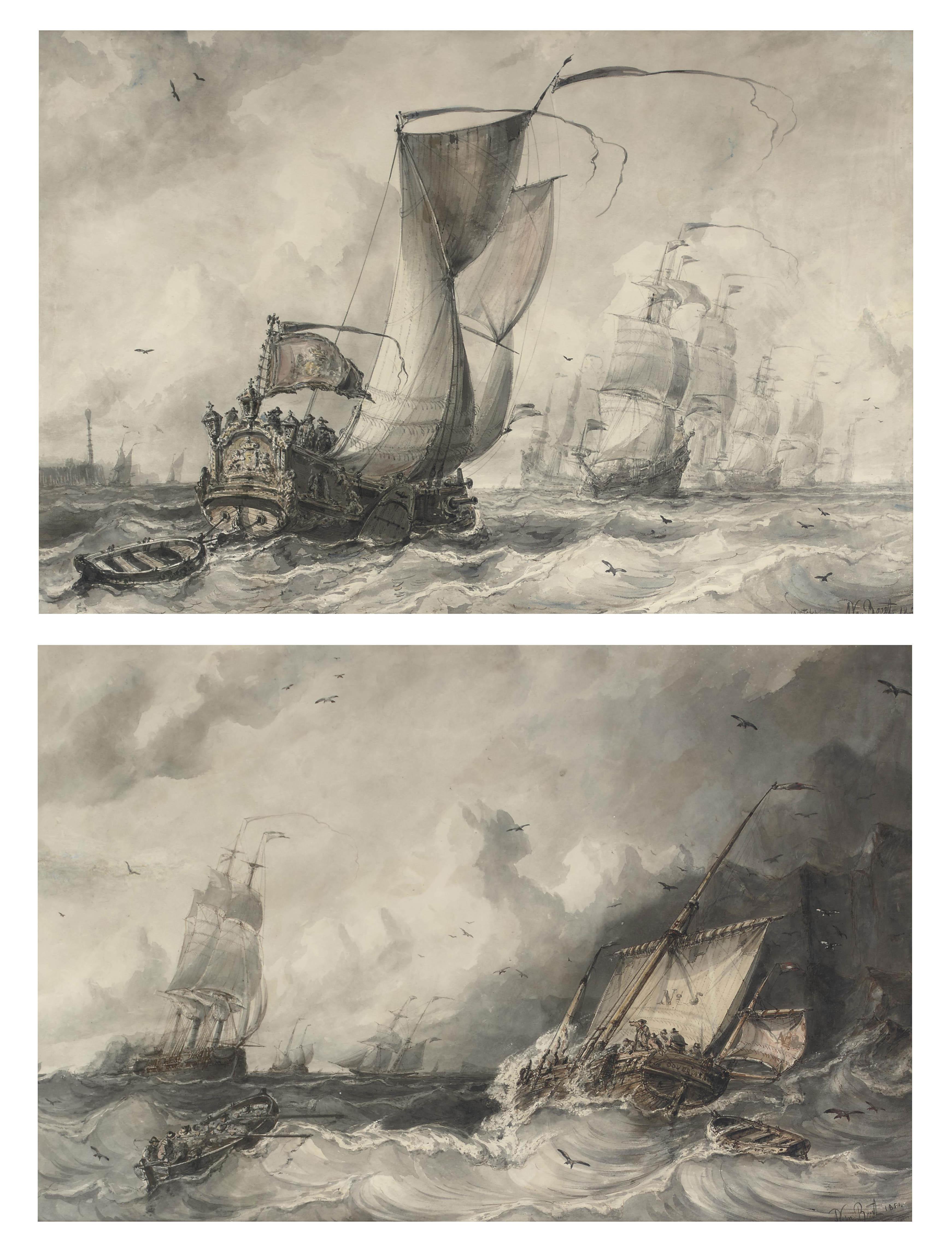 Albertus van Beest - A ceremonial 17th Century yacht awaiting the return of the fleet; and A pilot accompanying a Dutch fregat near the harbour of Dover