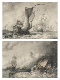 Albertus van Beest - A ceremonial 17th Century yacht awaiting the return of the fleet; and A pilot accompanying a Dutch fregat near the harbour of Dover