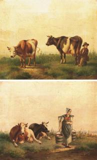 Albertus Verhoesen - A milkmaid; and Milking the cows