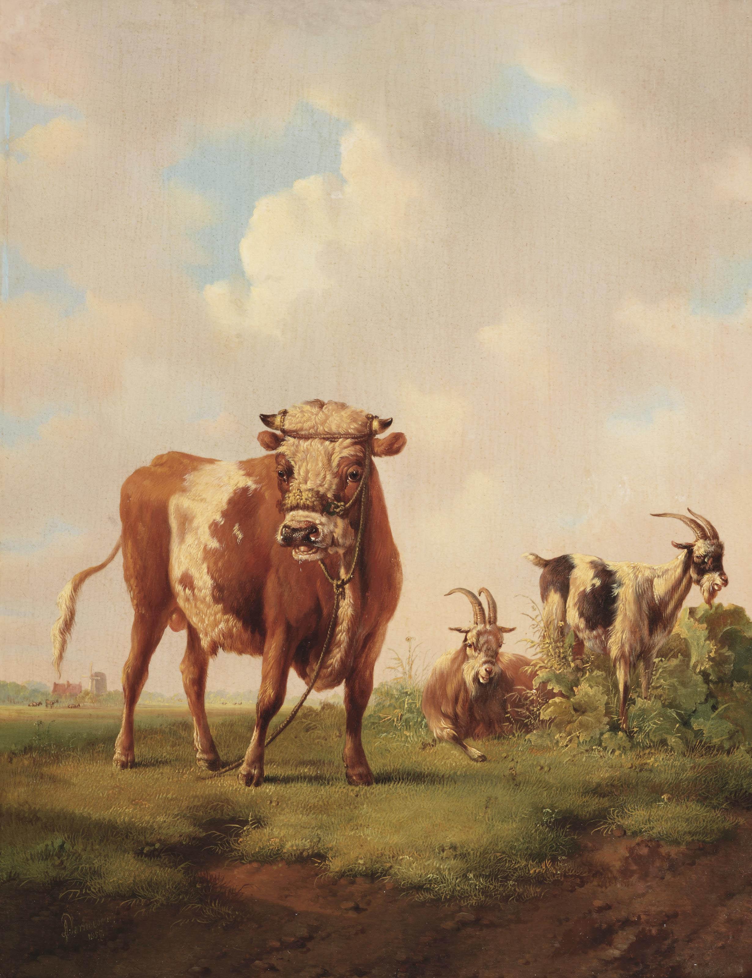 Albertus Verhoesen - A polder landscape with a bull and two goats