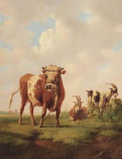 Albertus Verhoesen - A polder landscape with a bull and two goats