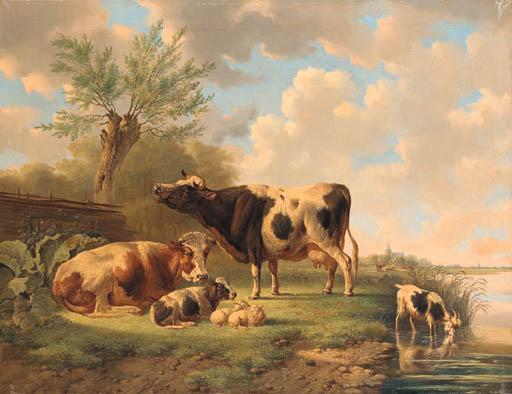 Albertus Verhoesen - Cattle, Sheep and a Goat by a River