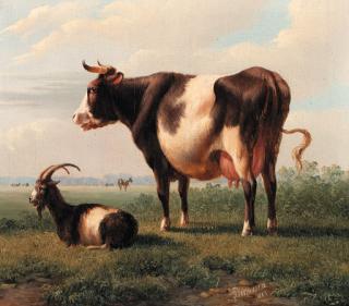 Albertus Verhoesen - Cow, Goat and Sheep by a Ruin; and Goat and a Cow in a Landscape