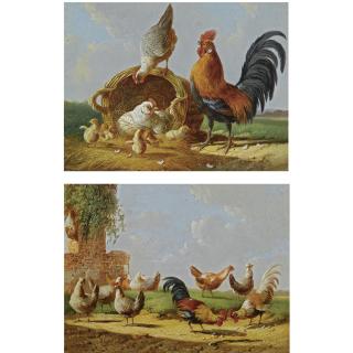 Albertus Verhoesen - Netherlander Poultry Near A Ruin; Chicken And Chicks (A Pair)