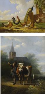 Albertus Verhoesen - Peacock And A Flock Of Chickens And The Horn Blower: A Pair