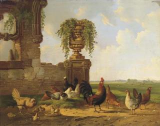 Albertus Verhoesen - Poultry by a ruin, an extensive landscape beyond