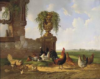 Albertus Verhoesen - Poultry by a ruin in an extensive landscape