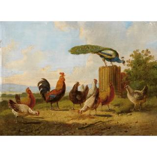 Albertus Verhoesen - Poultry In A Landscape; A Hen And Her Chicks In A Landscape (A Pair)