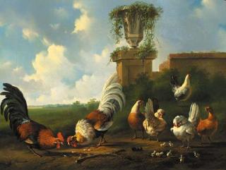 Albertus Verhoesen - Poultry in a summer landscape by a ruined wall