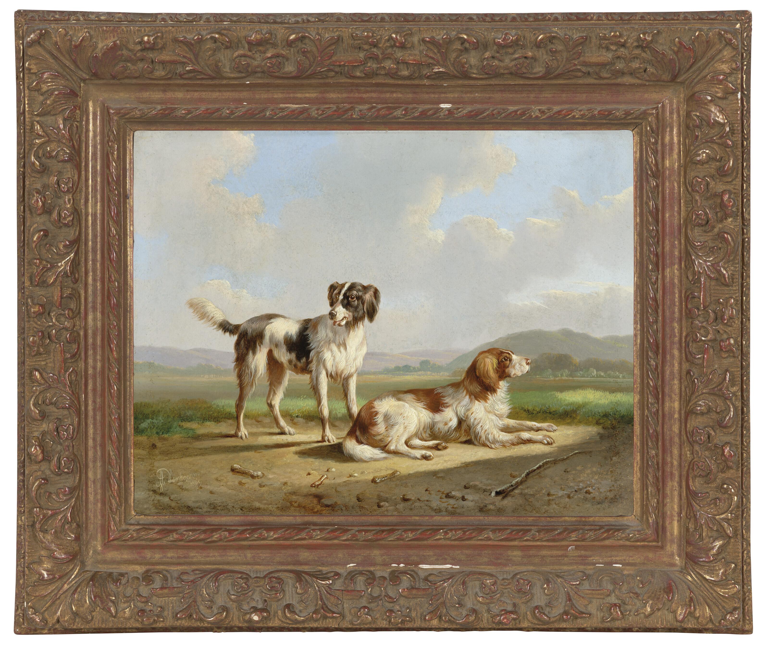 Albertus Verhoesen - Two hunting dogs in a summer landscape