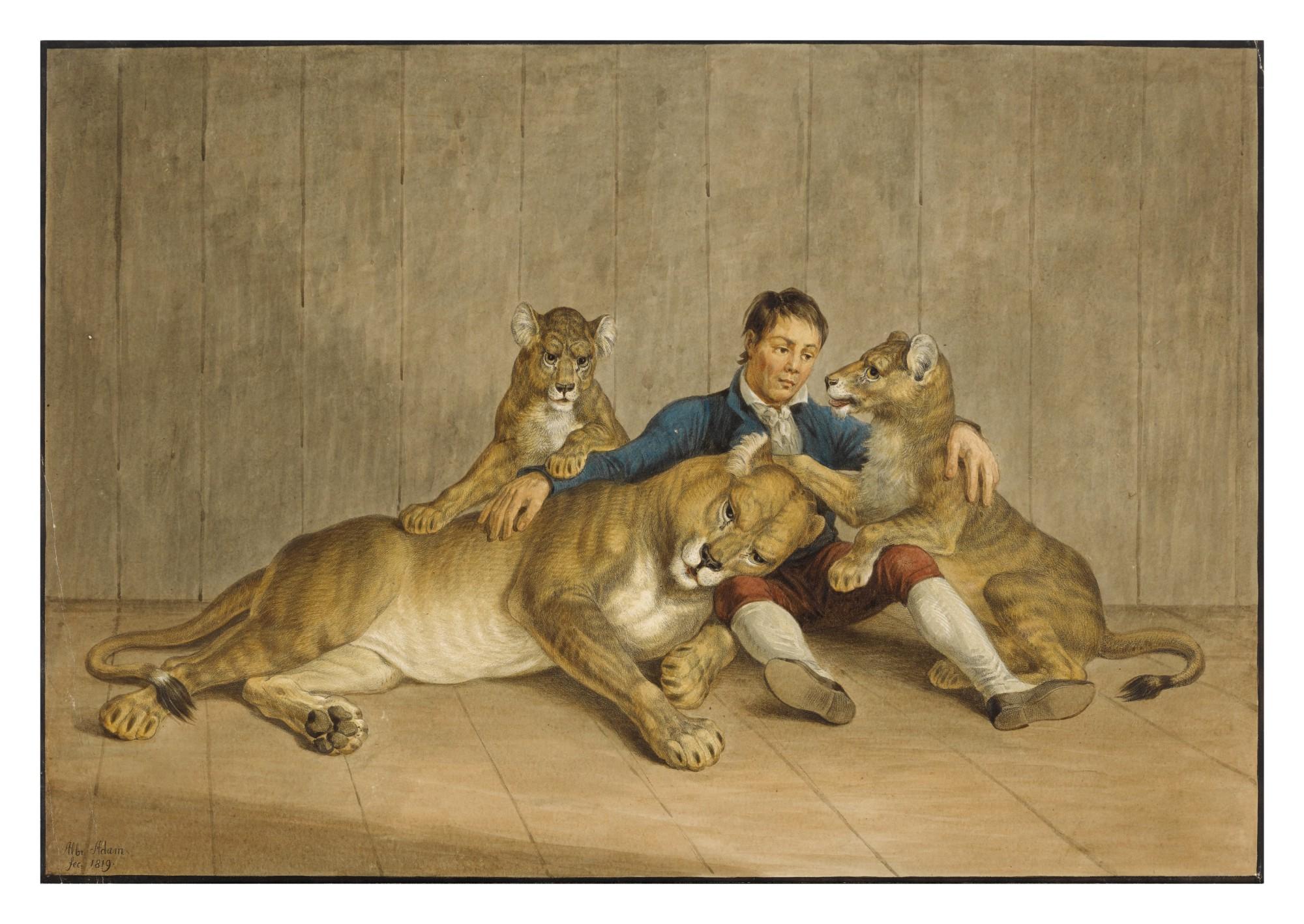 Albrecht Adam - A man sitting with a lioness and her two cubs