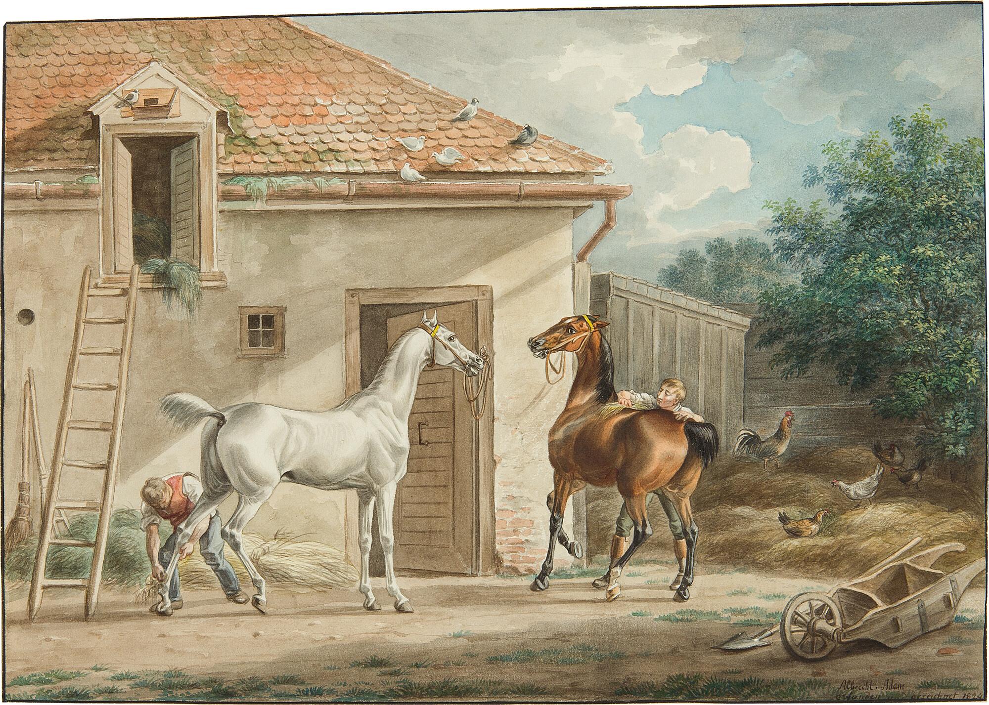 Albrecht Adam - Edle Pferde vor einem Stall.