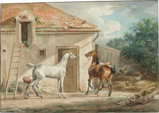 Albrecht Adam - Edle Pferde vor einem Stall.