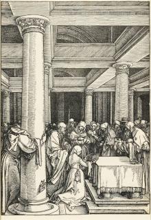 Albrecht Dürer - Die Darstellung im Tempel. Blatt 13 der Folge: Marienleben. Um 1505.