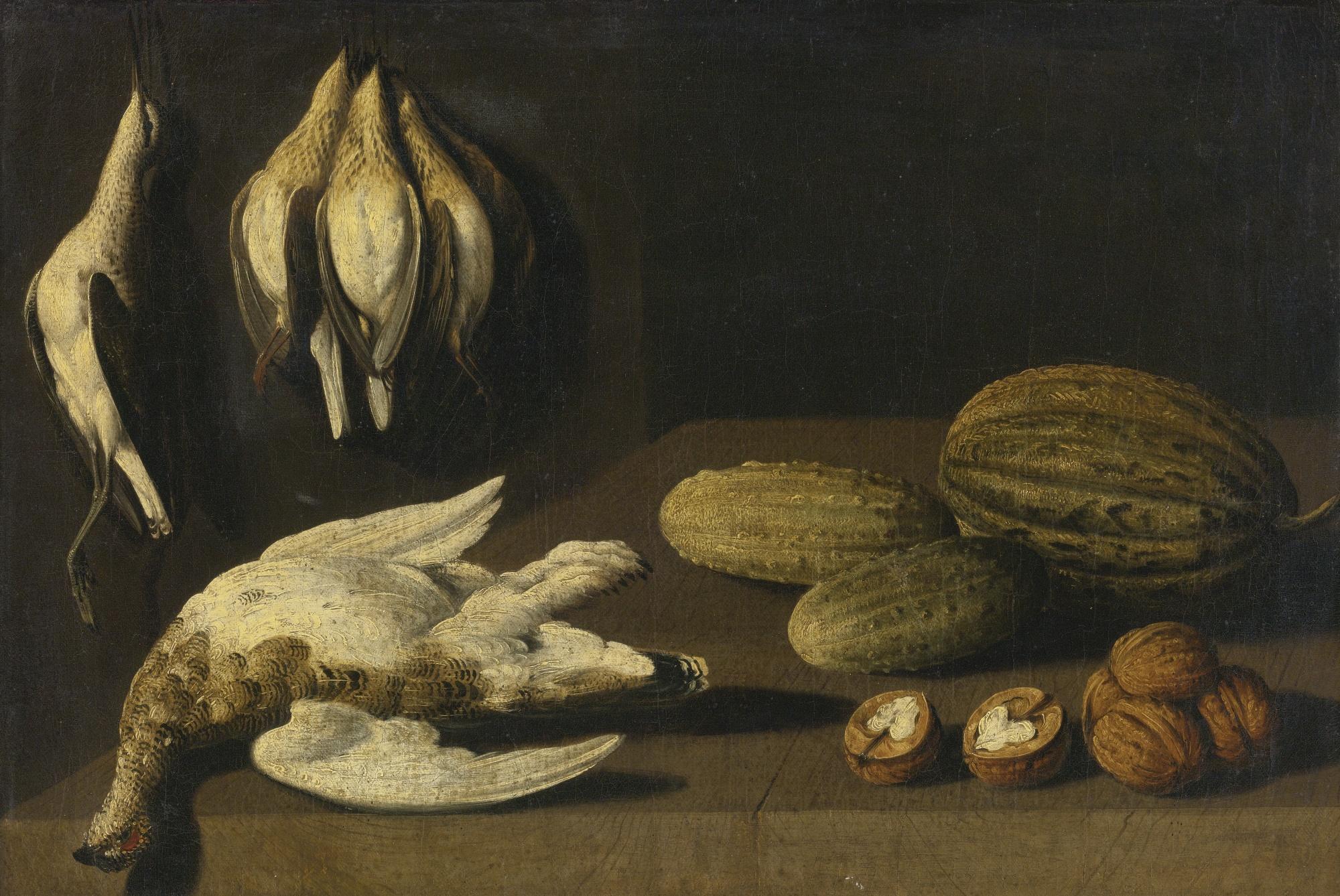 Albrecht Kauw The Elder - Still Life Of Dead Game Birds, Gherkins, A Melon And Walnuts All On A Wooden Table