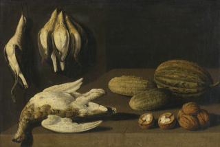 Albrecht Kauw The Elder - Still Life Of Dead Game Birds, Gherkins, A Melon And Walnuts All On A Wooden Table