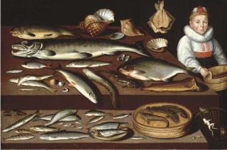 Albrecht Kauw - A table laden with a salmon, cod, a blond ray, pike, herring and other fish and shells with a girl holding a wooden pail