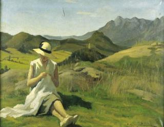 Alcide Campestrini - Signora che cuce nel paesaggio