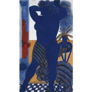 Alecos Fassianos - Greek blue Woman With An Admirer