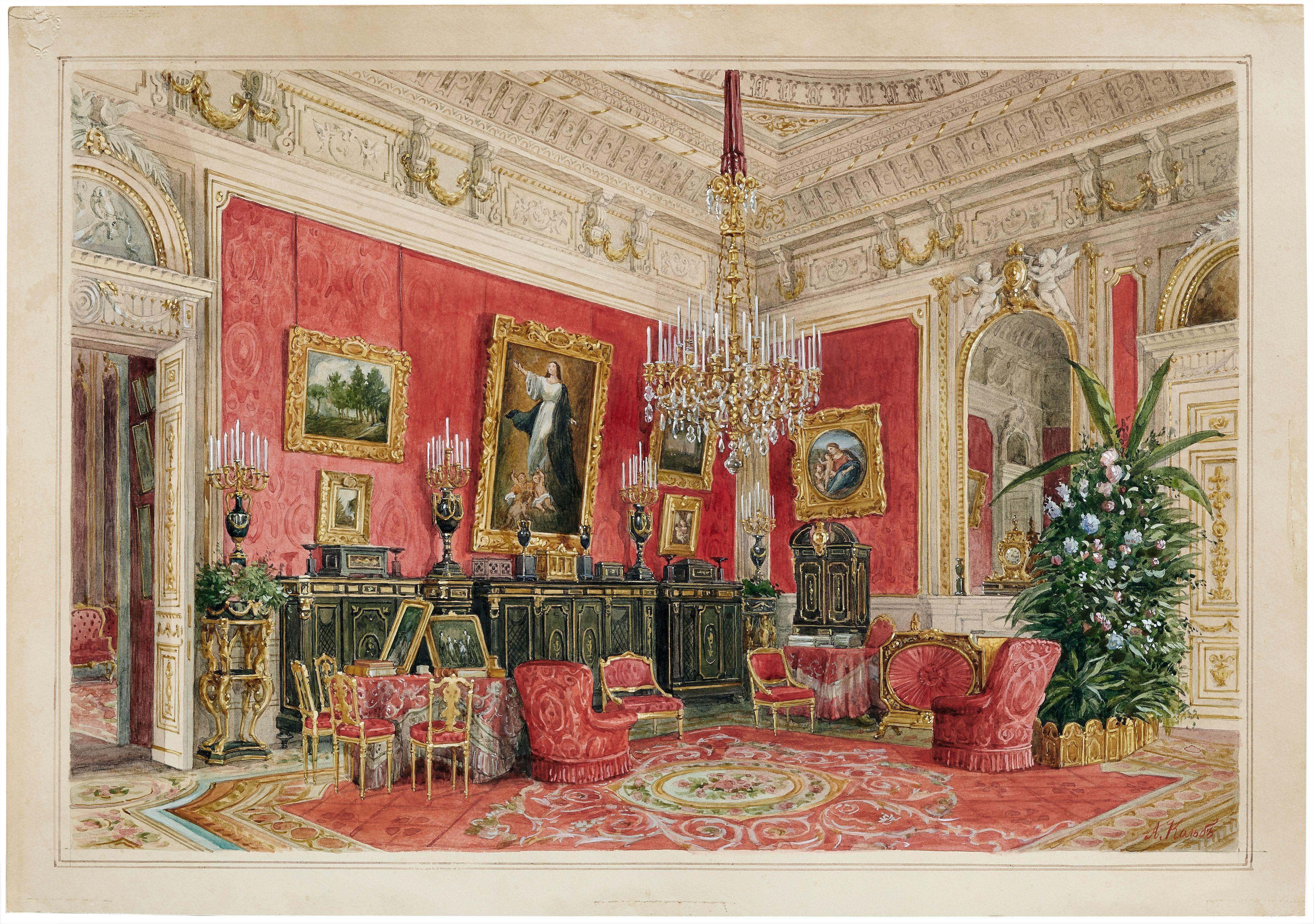 Aleksander Kolb - Interior of the Crimson study of Empress Maria, Winter Palace\', circa 1869