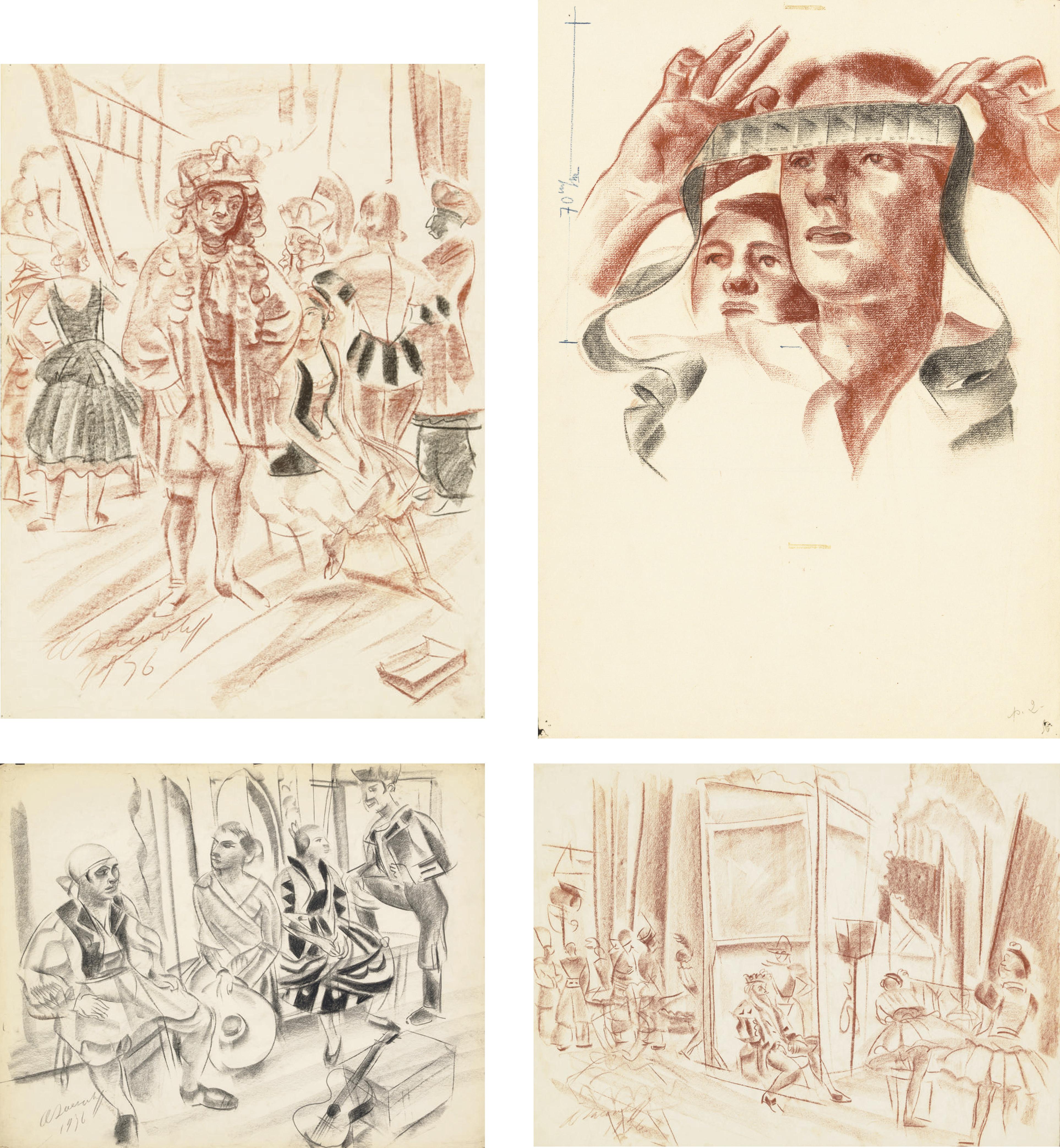 Aleksandr Evgen\'evich Iakovlev - Drawing For \'100 Baisers\'; Drawing For \'Le Tricorne #1\'; Drawing For \'Aurora\'S Wedding\'; And Checking Film